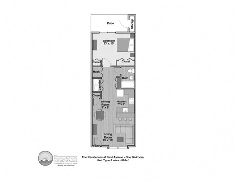 Floor plan for 1 bed, 1 bath, 595 sqft